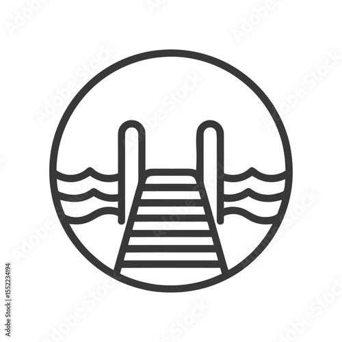 Minimalist Pier Icon: Circular Frame, Water, and Boardwalk Design