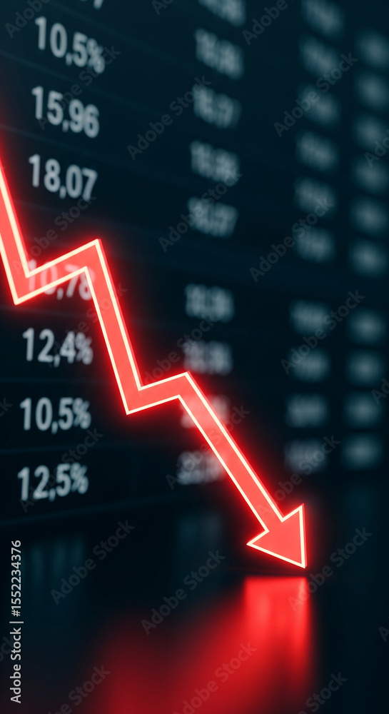 Fototapeta premium Red neon arrow pointing down against a dark background with blurred financial data, symbolizing market decline or economic downturn