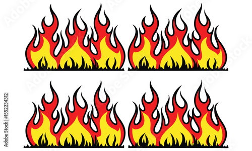 A graphic design featuring four stylized flame elements in a repeating pattern with vibrant red and yellow colors and black outlines on a white background perfect for decorative accents