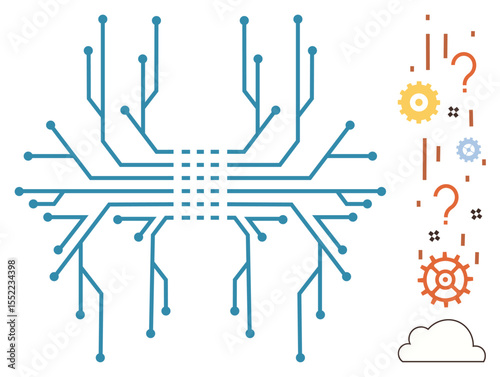 Circuit board with branching connections, gears, question marks, and cloud elements. Ideal for technology, innovation, problem solving, AI data analysis connectivity and brainstorming. Simple flat