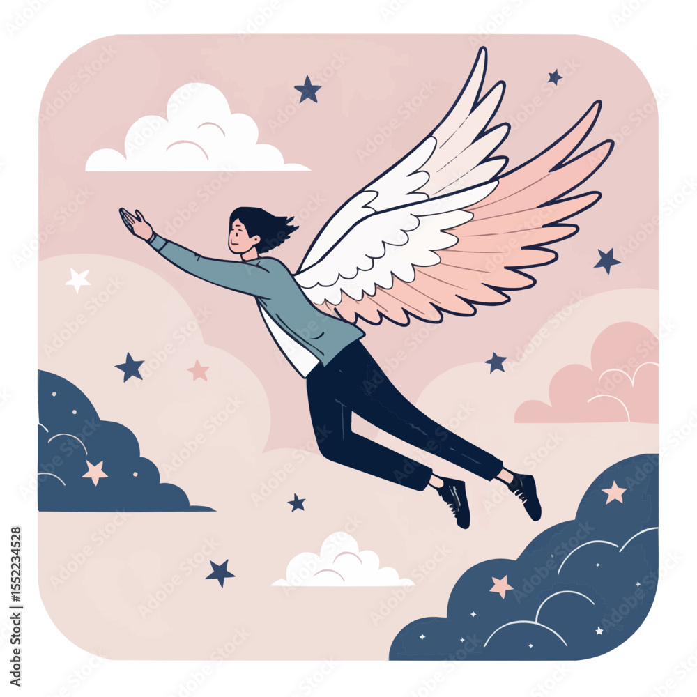 Person flying with angel wings amidst clouds and stars in a whimsical and dreamy illustration