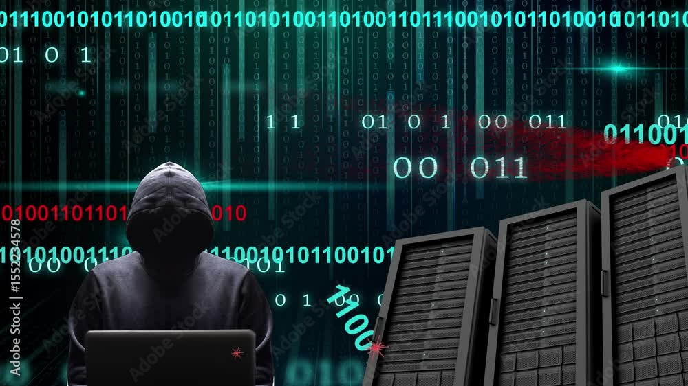 Vol animé de données binaires cyan puis rouge avec cybercriminel qui s'attaque aux serveurs