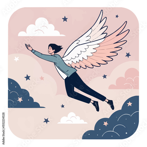 Person flying with angel wings amidst clouds and stars in a whimsical and dreamy illustration