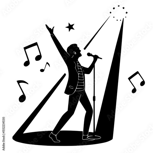 Singer performing on stage with microphone and musical notes in a graphic design style