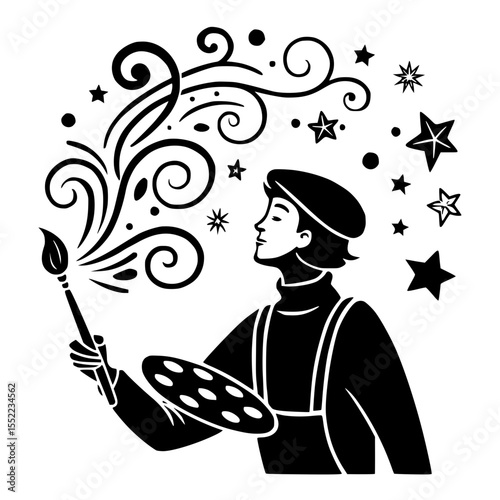 Artist creating magic with a paintbrush and palette surrounded by stars and whimsical patterns