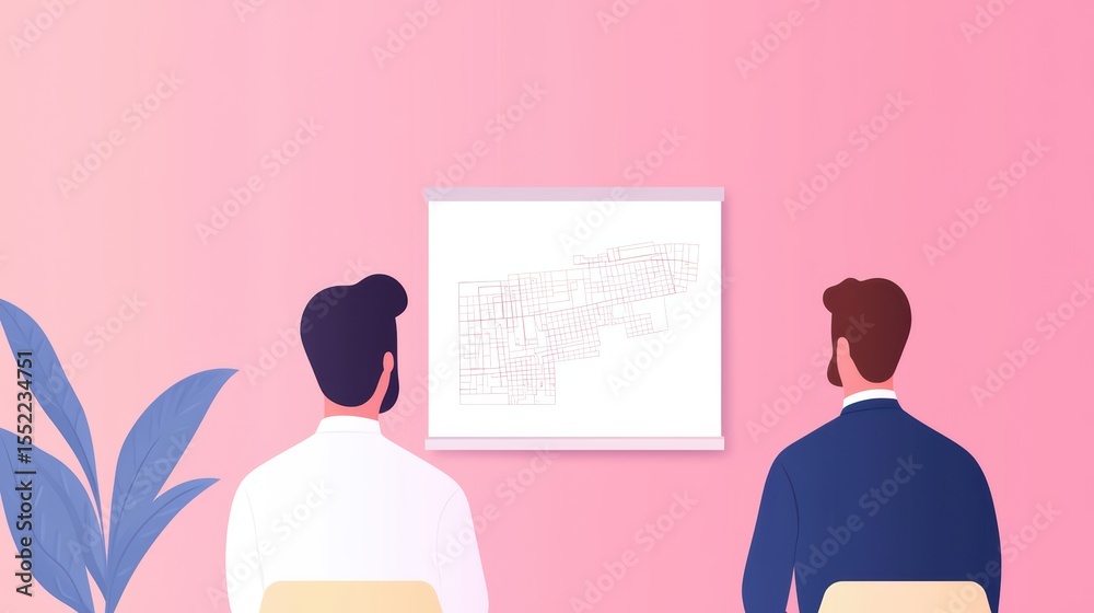 Fototapeta premium Two Men Observing a Large Abstract Map Display in a Modern Workspace Setting with Soft Pink Background
