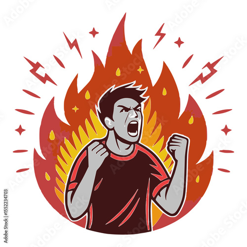 Angry person shouting with clenched fists surrounded by flames and lightning in a dynamic illustration
