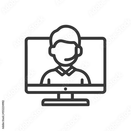 Customer Support Icon: Man with Headset on Computer Screen, Outline Style
