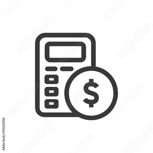 Calculator and Dollar Coin Icon: Financial Calculation Symbol, Black and White