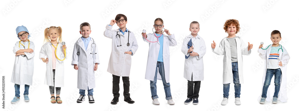 © New Africa - Cute children pretending to be doctor on white background, collage of photos