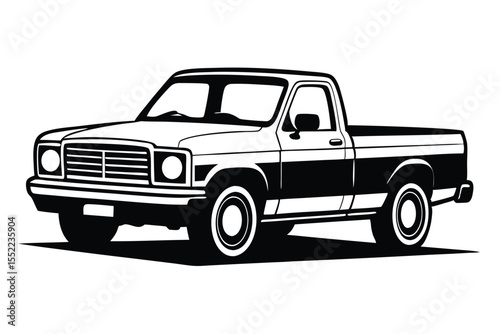 Black and white illustration of an old pickup truck with shadow detail