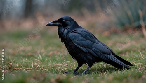 A black raven sits on the grass