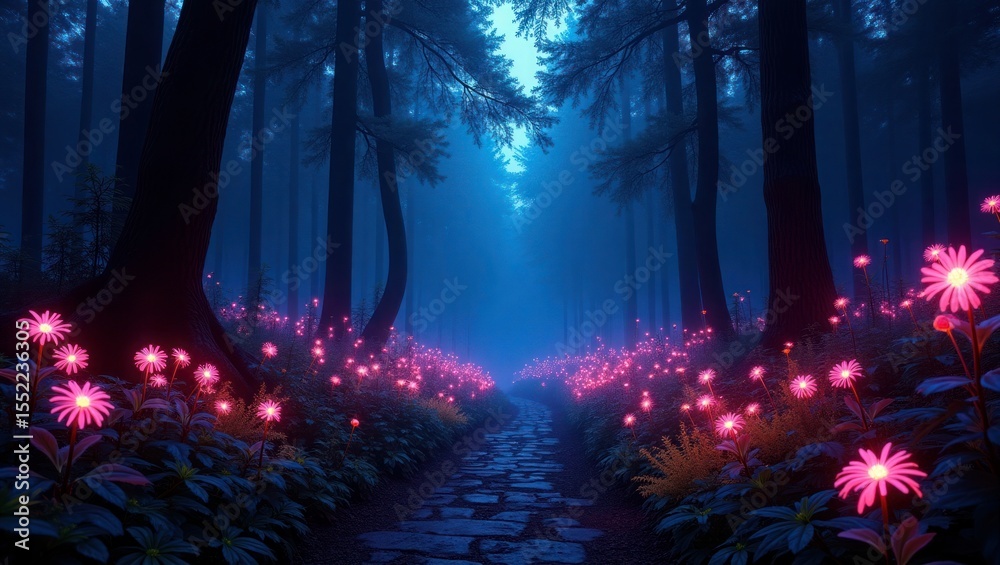 Fototapeta premium Glowing Pink Flowers Dark Blue Forest Path glowing flowers 3