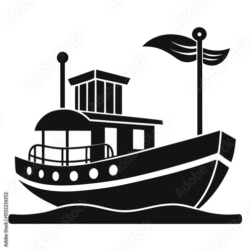 Black Silhouette of Fishing Boat with Cabin, Mast, and Waves Illustration Design