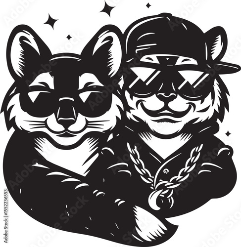 Fox and tiger looking dapper in suits and sunglasses with chain necklaces, stylish animals with an urban look.