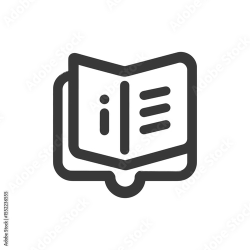 Bold Book Icon: Open Pages with Information and Text Lines, Dark Gray on White