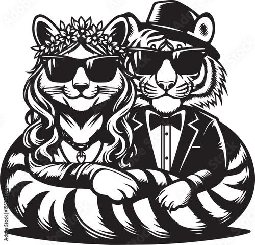 Fox and tiger looking dapper in suits and sunglasses with chain necklaces, stylish animals with an urban look.