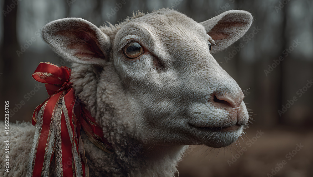 Fototapeta premium White sheep with ribbon for the Eid Al Adha sacrifice holiday