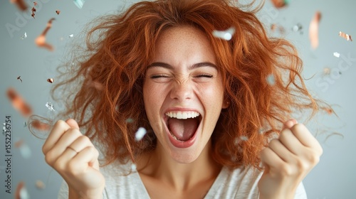 A joyful woman with curly red hair, celebrating enthusiastically with confetti in the air, depicting the essence of happiness and vibrant emotions.