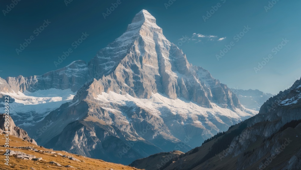 Fototapeta premium Alpine peaks landscape background featuring towering snow-capped mountains.