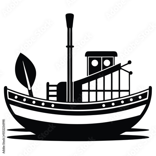 Bold Silhouette of a Fishing Boat with Paddle, Detailed Cabin and Chimney Icon