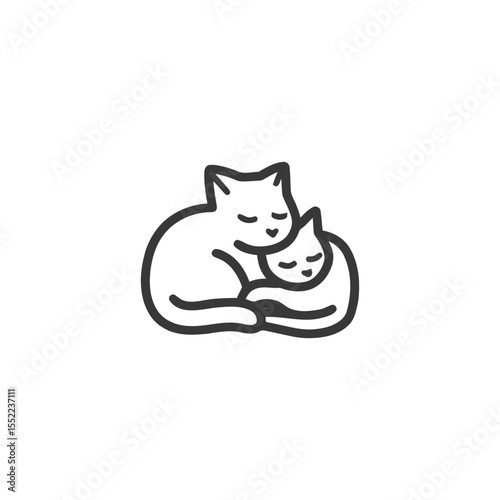 Minimalist Line Art: Two Cats Cuddling in Affectionate Embrace, Simple Design