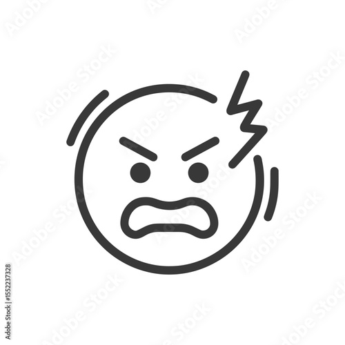Furious Emoji Icon with Lightning Bolt, Dark Gray on White Background