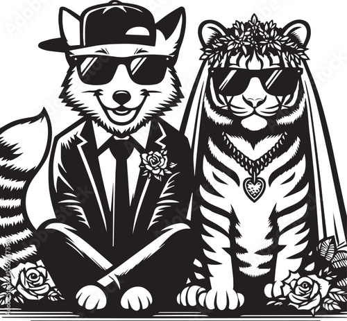 Fox and tiger looking dapper in suits and sunglasses with chain necklaces, stylish animals with an urban look.