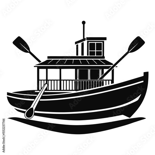 Silhouette of a Small Passenger Boat with Two Oars on the Water Illustration