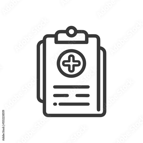 Medical Clipboard Icon: Healthcare Report with Plus Symbol, Outline Style