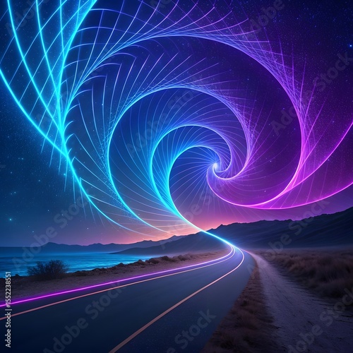 A vibrant night scene with neon light trails swirling across a starry sky over a forested mountain range.