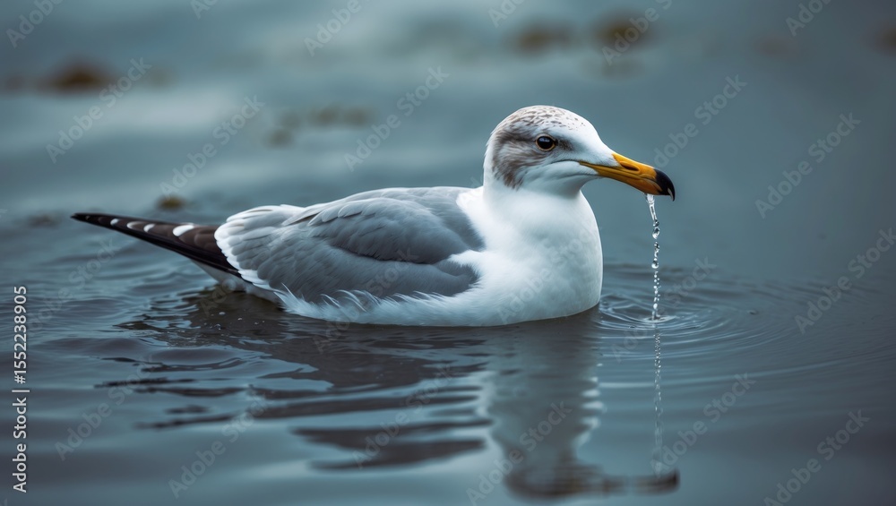 Obraz premium A beautiful seagull seabird of the family Laridae in the sub-order Lari is swimming after enjoying a cool sip of water.