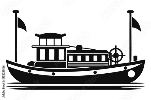 Distinctive Black and Boat Illustration Featuring Flags, Cabin, and Steering Wheel Detail