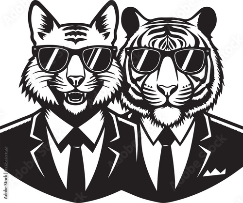 Fox and tiger looking dapper in suits and sunglasses with chain necklaces, stylish animals with an urban look.