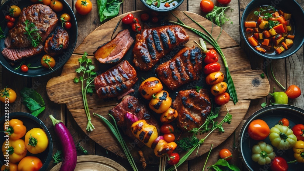 Fototapeta premium Flat Lay Composition With Barbecued Meat And Vegetables On Wooden Table, Space For Text, With Empty Copy Space For Text