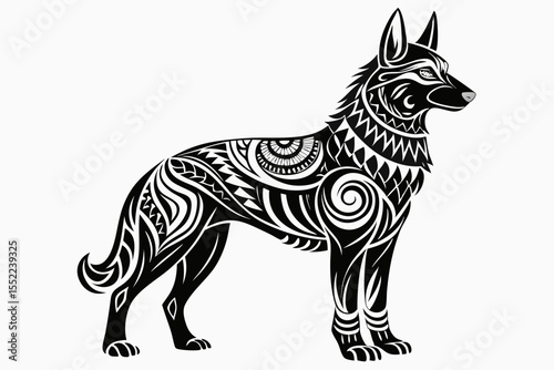 Stylized black dog with intricate tribal tattoo patterns on white background