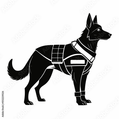 Black silhouette of a german shepherd dog wearing a tactical vest