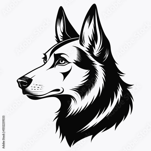 Striking black and white profile illustration of a majestic wolf head