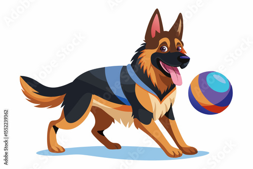 Happy german shepherd dog wearing a blue vest plays with a colorful ball