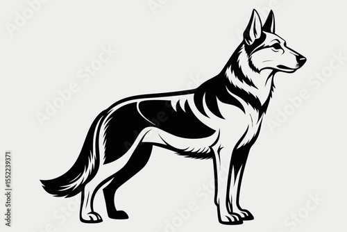 Stylized black and white illustration of a german shepherd dog standing alert