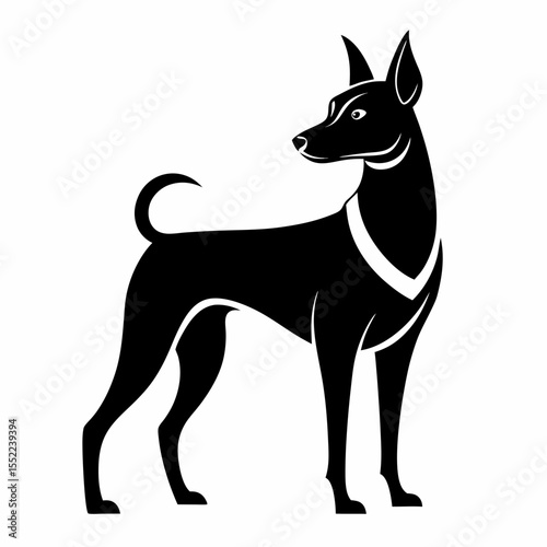 Stylized black dog silhouette with pointed ears and a curled tail