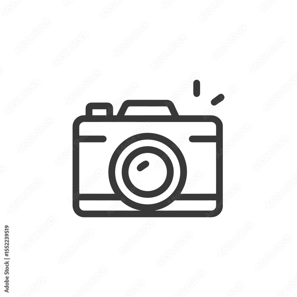 Minimalist Camera Icon with Flash, Photography Symbol, Black Outline on White Minimalist Camera Icon with Flash, Photography Symbol, Black Outline on White