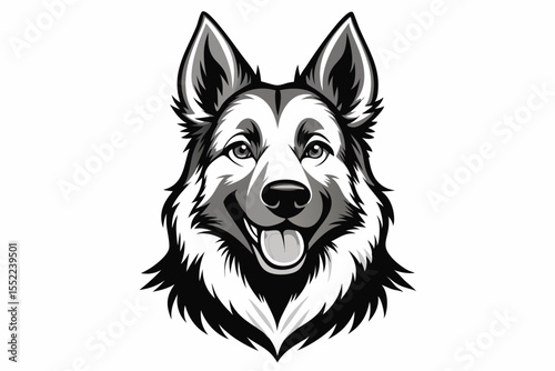 Stylized black and white portrait of a happy german shepherd dog