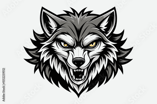 Fierce gray wolf head with yellow eyes and bared teeth e sport logo