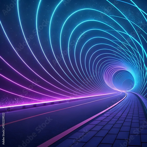 A vibrant night scene with neon light trails swirling across a starry sky over a forested mountain range.