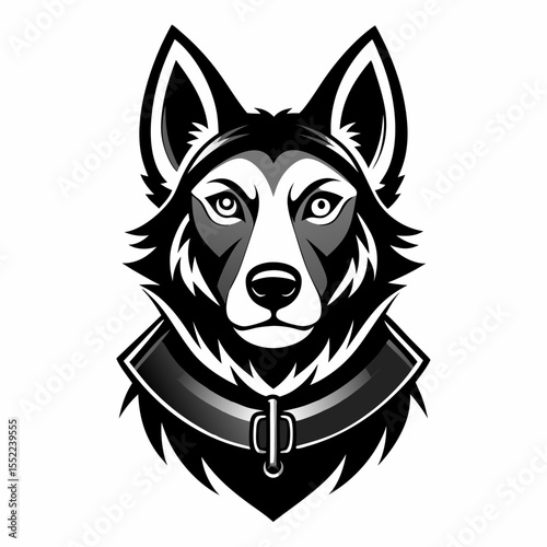 Stylized black and white husky dog head with a collar and intense eyes