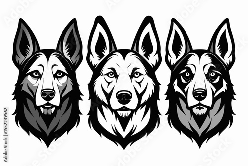Three stylized wolf heads in black and white with different shading