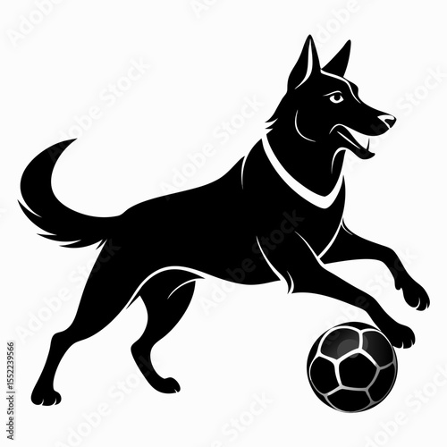 Black silhouette of a german shepherd dog playing with a soccer ball