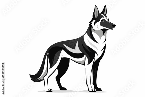 Stylized german shepherd dog standing alert with a black and white graphic design