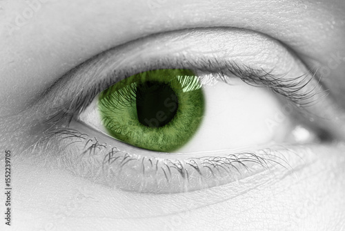 Closeup view of woman with green eyes. Black and white effect